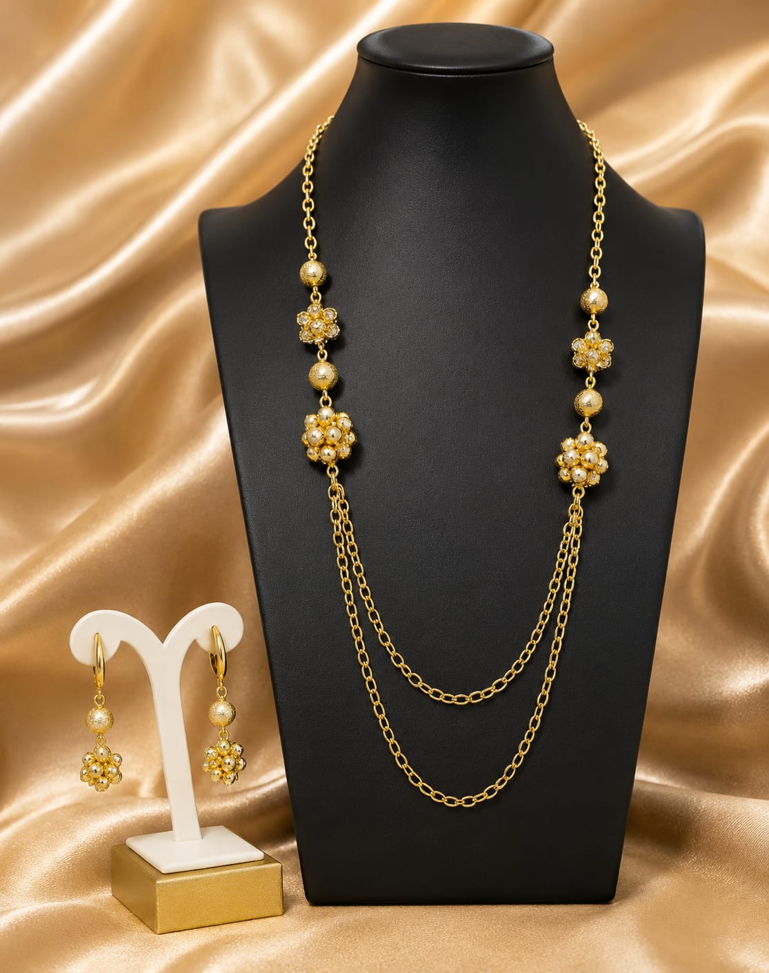 Gold Floral Ball Layered Necklace & Earring Set – 2 Colours
