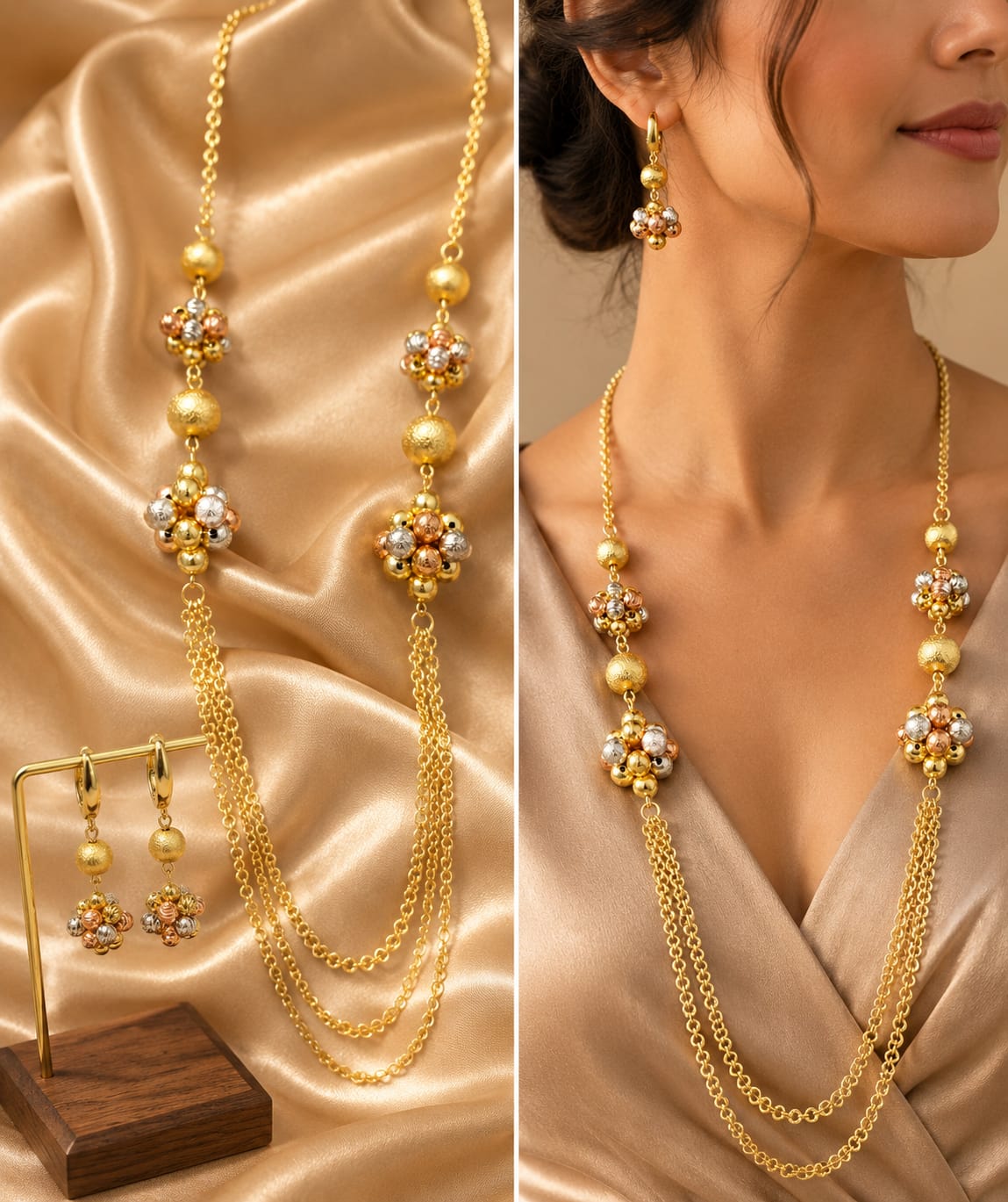 Gold Floral Ball Layered Necklace & Earring Set – 2 Colours