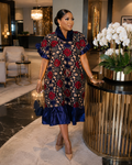 African Print Ankara Midi Dress – Navy Blue Floral Ruffle Hem