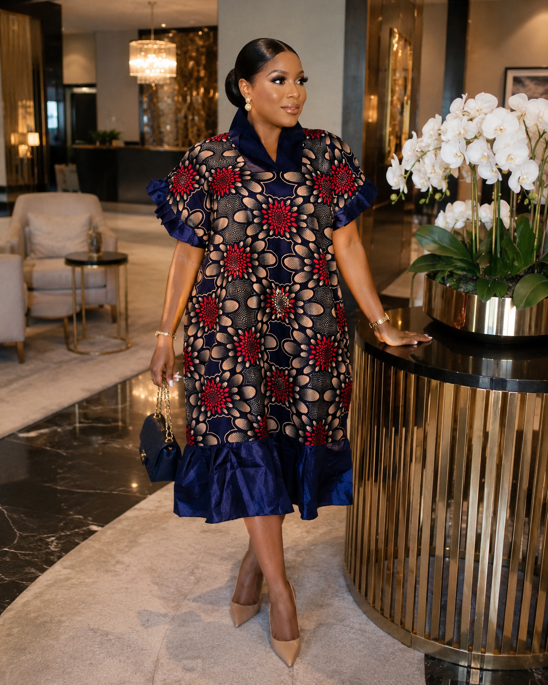 African Print Ankara Midi Dress – Navy Blue Floral Ruffle Hem