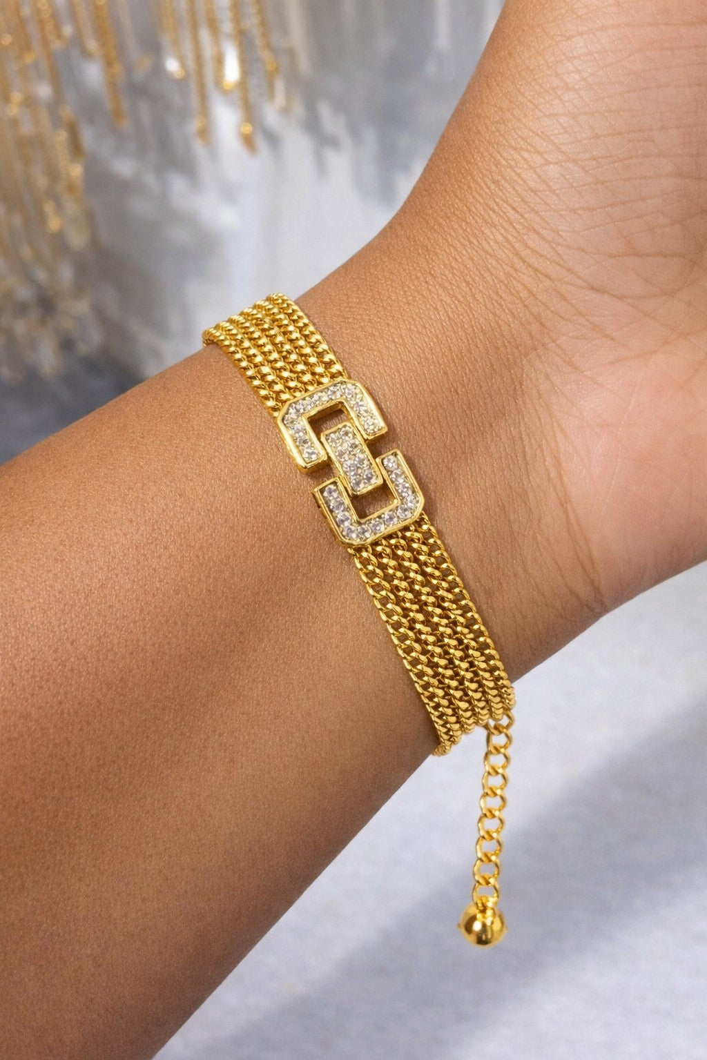 Gold Cuban Chain Crystal Buckle Bracelet