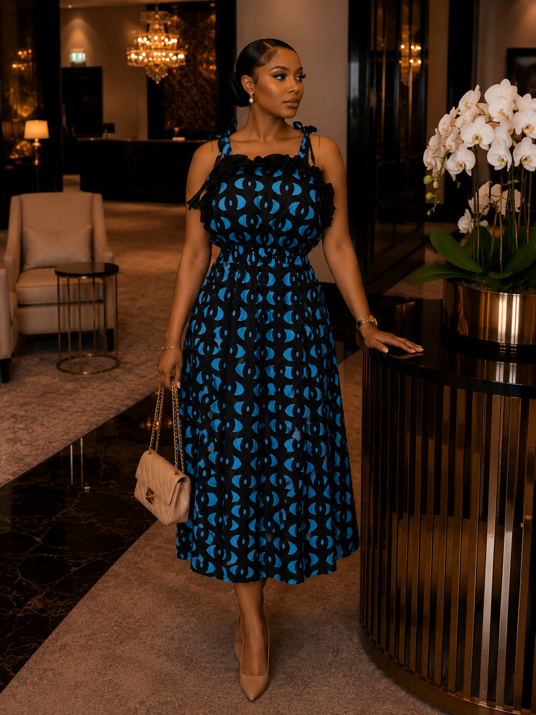 Blue & Black Ankara Print Midi Dress – Ruffle Strap A-Line