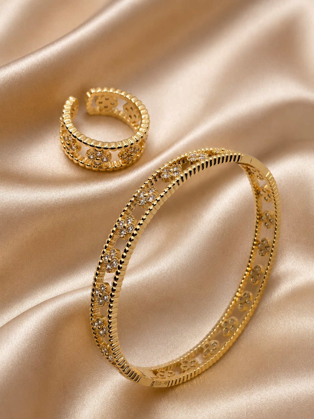 Gold Crystal Flower Bangle & Ring Set