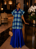 Blue Ankara Print Co-ord Set – Floral Top & Satin Maxi Skirt