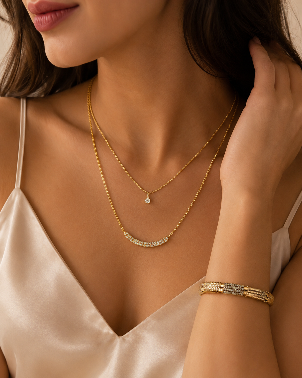 Gold Plated Layered Crystal Necklace – Elegant Double Chain