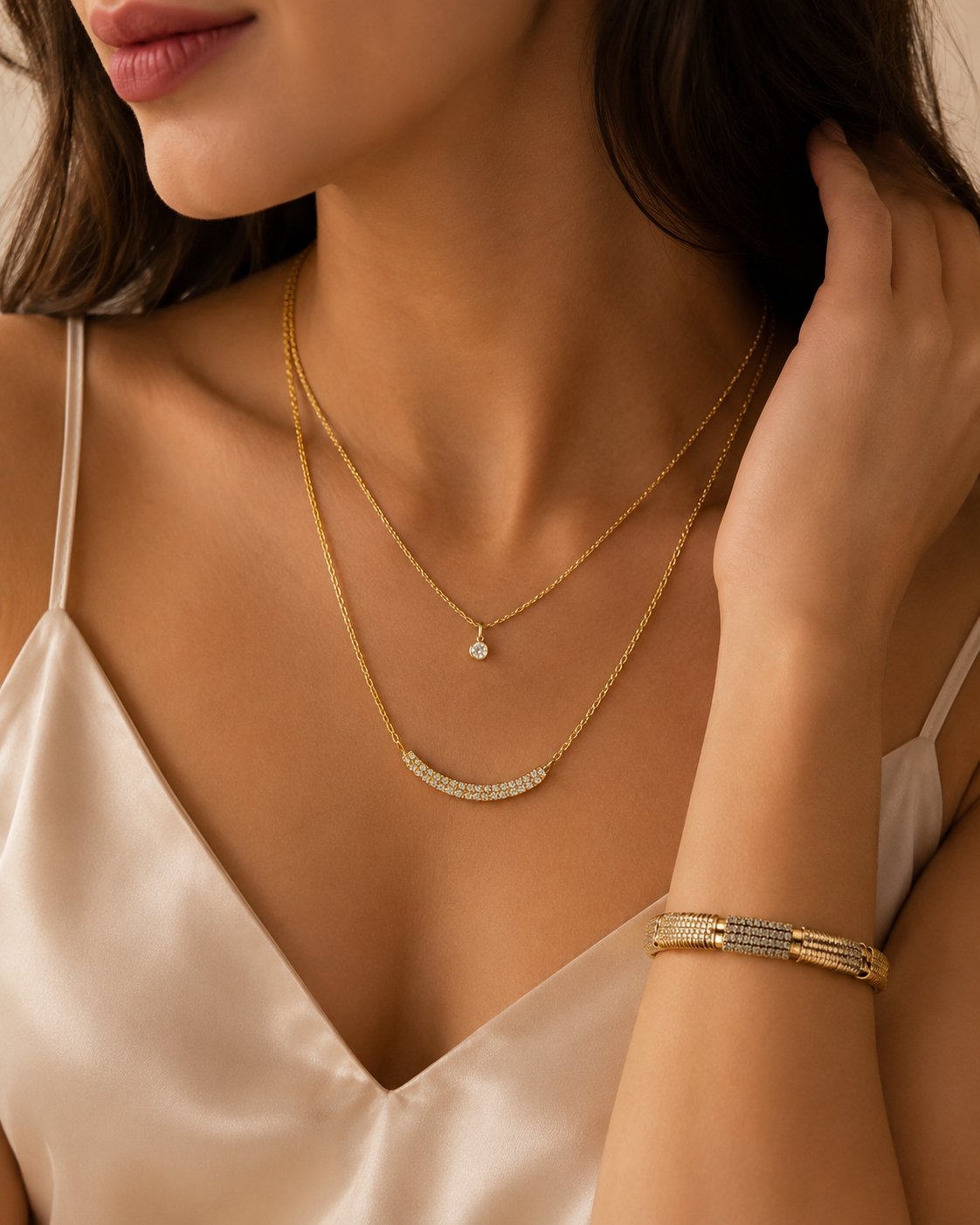 Gold Plated Layered Crystal Necklace – Elegant Double Chain