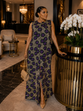 African Print Ankara Maxi Dress – Purple Circle Print with Front Split