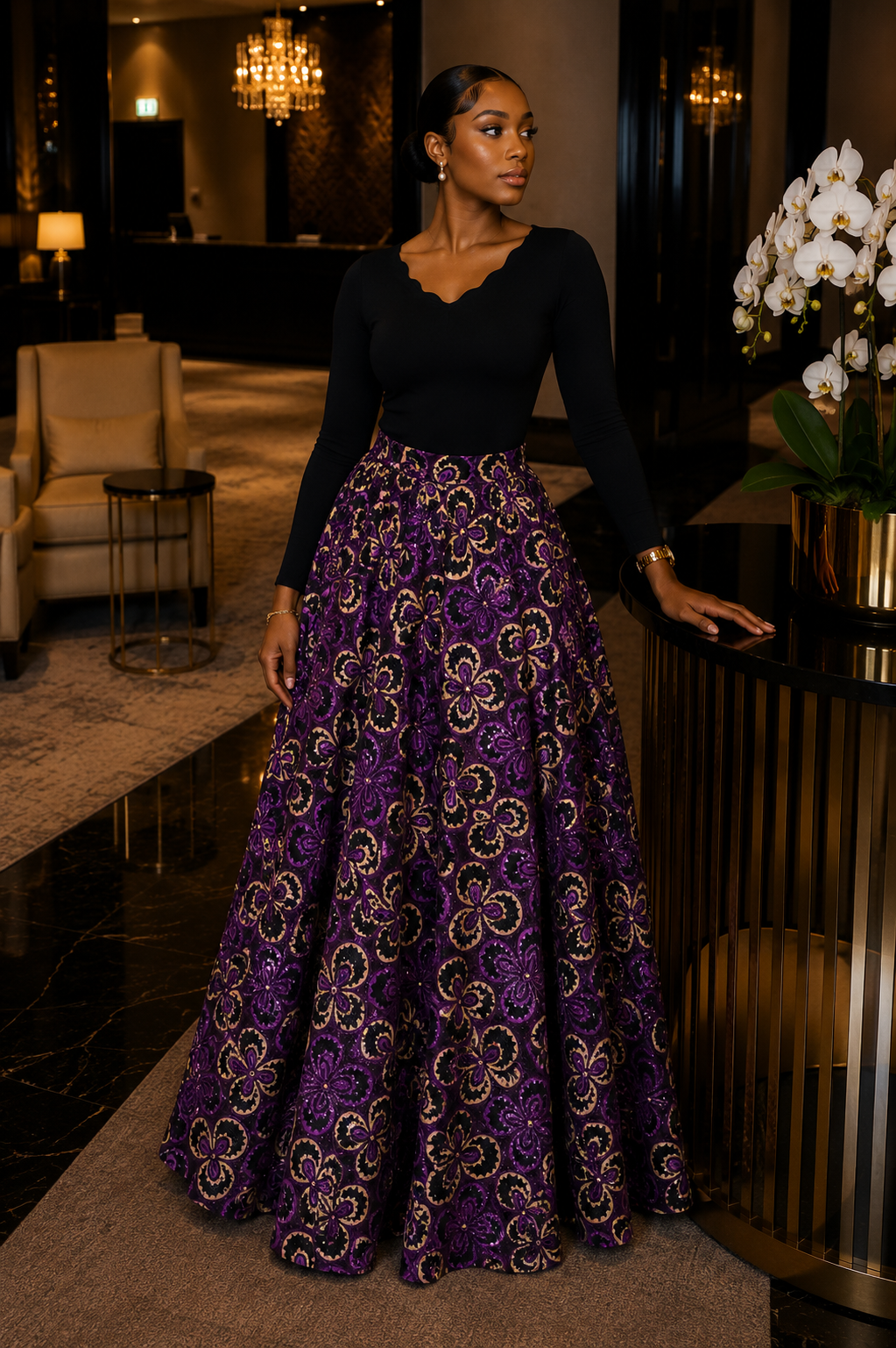 Ankara Flare Skirt – Purple & Gold Floral Print with touch of bling
