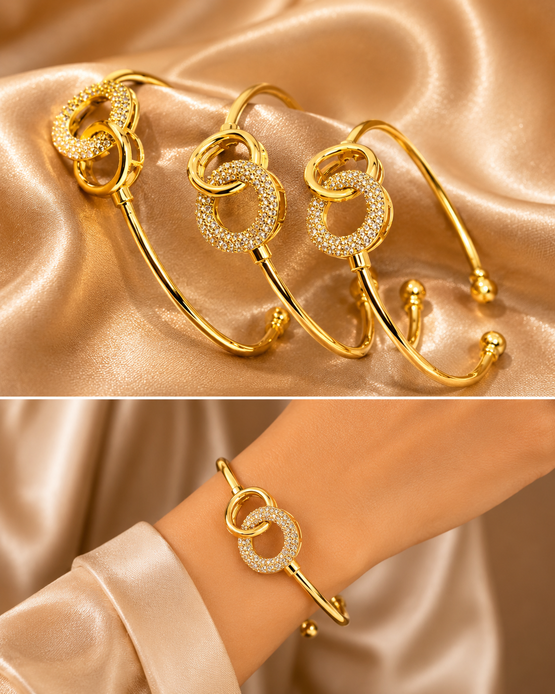 Gold Crystal Interlocking Ring Cuff Bangle Set of 3