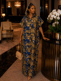 Blue & Gold Hooded Ankara Maxi Dress – Boubou Style with Headwrap