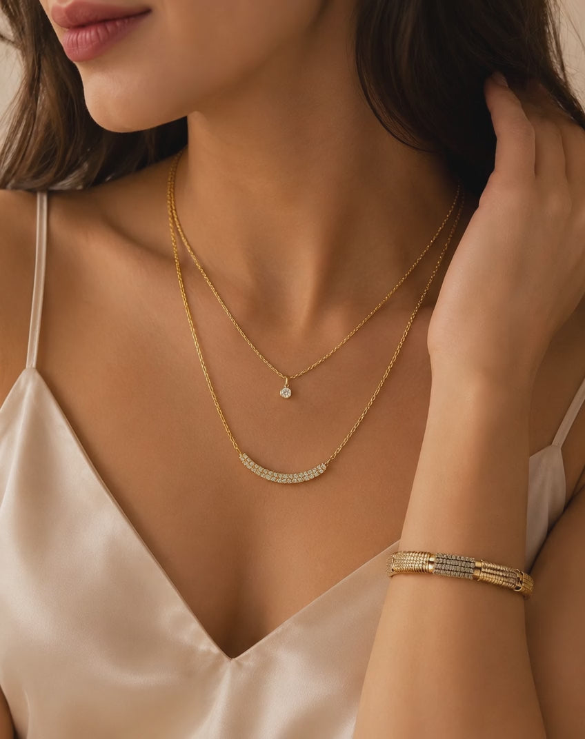Gold Plated Layered Crystal Necklace – Elegant Double Chain