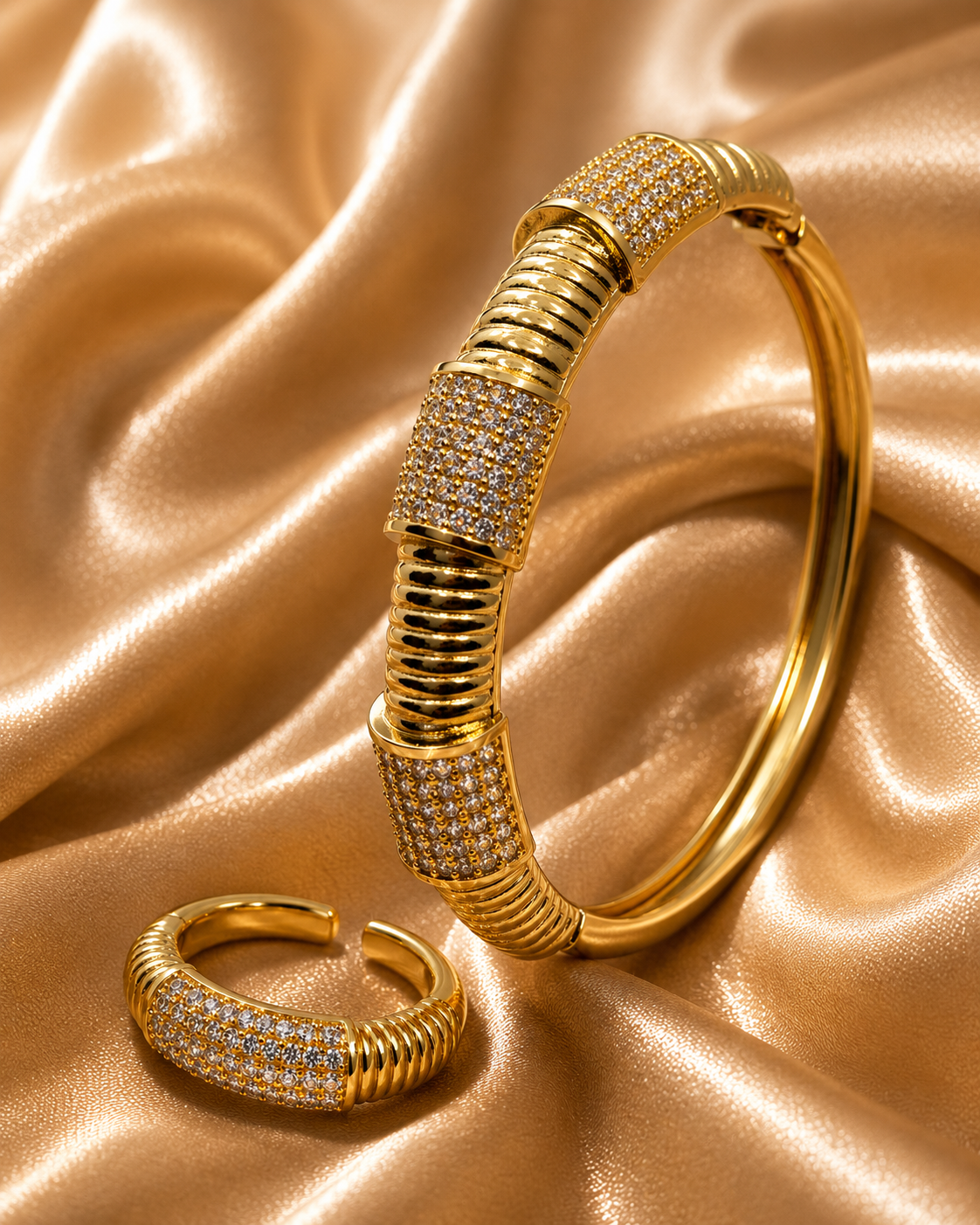 Gold Plated Pavé Crystal Ring & Bangle Set – Luxury Sparkling Jewellery
